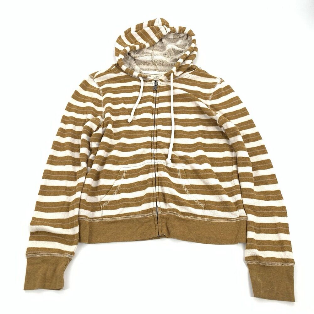C&S Check and Stripe Terry Cloth Full Zip Hooded Jacket M Cream White Striped
